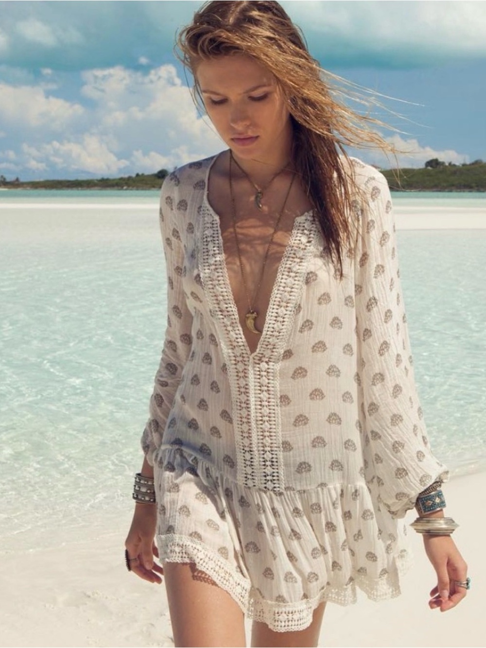 Eberjey Women's White Crochet-Trim Print Beach Swim Coverup Dress
